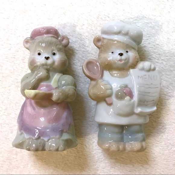 Teddy Bear heart salt and pepper shakers cook and chef couple vintage ceramic - Picture 8 of 12